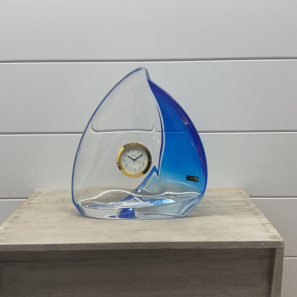 New Bulova B9831 Sailboat Art Glass Desk Clock Blue Clear Nautical DecorGoldTone